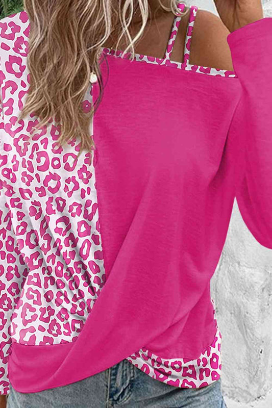 Leopard Asymmetrical Neck Long Sleeve Blouse - Flyclothing LLC