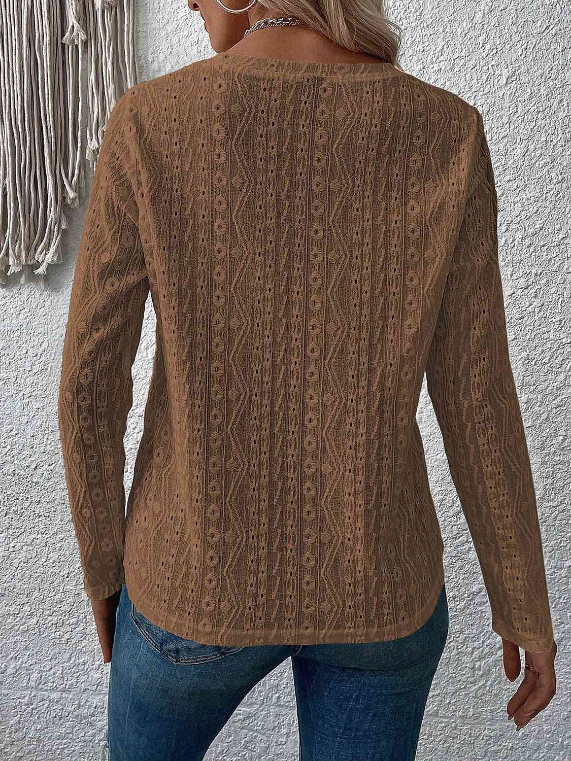 Eyelet Round Neck Long Sleeve Top - Flyclothing LLC