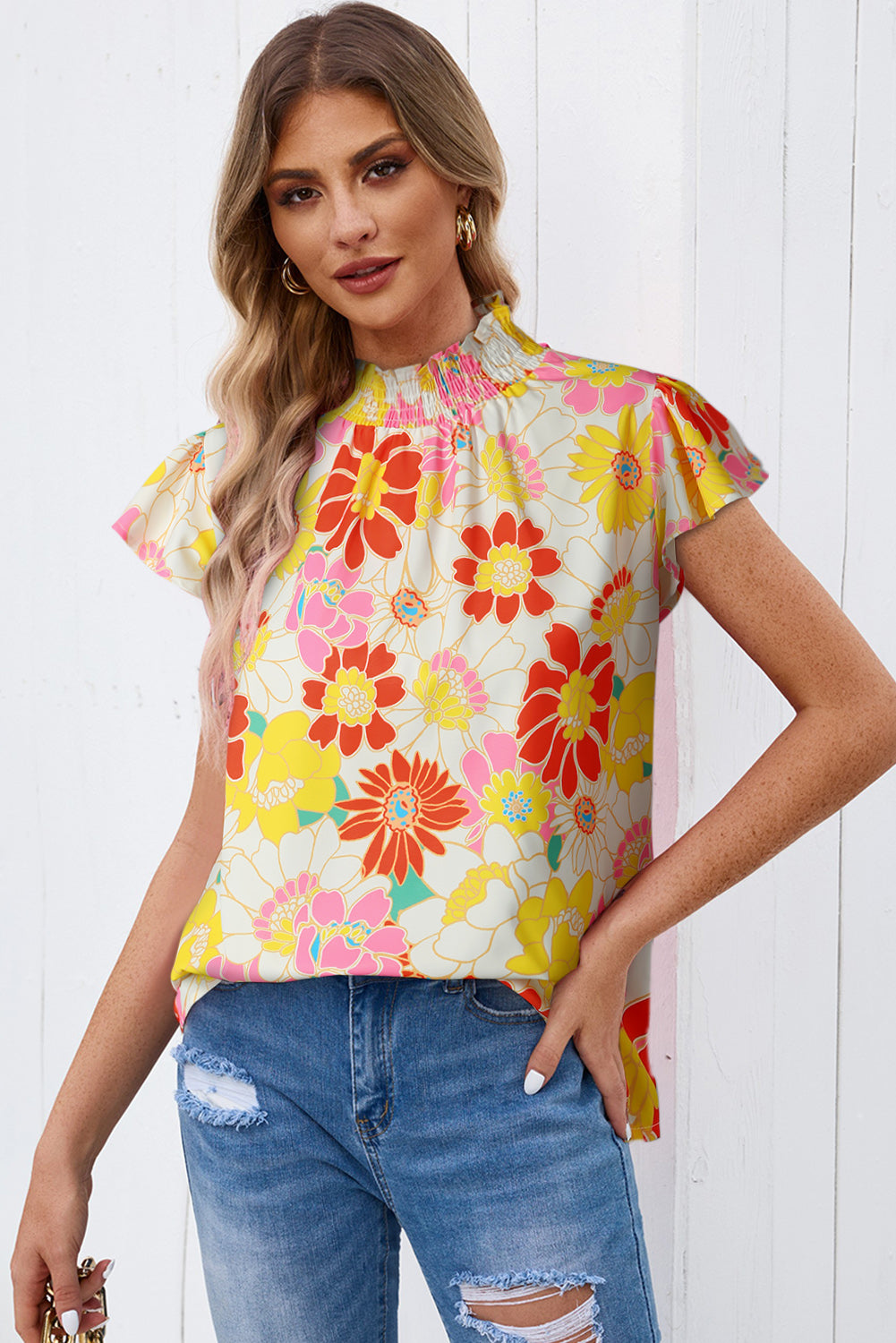 Floral Frill Neck Smocked Flutter Sleeve Blouse - Flyclothing LLC