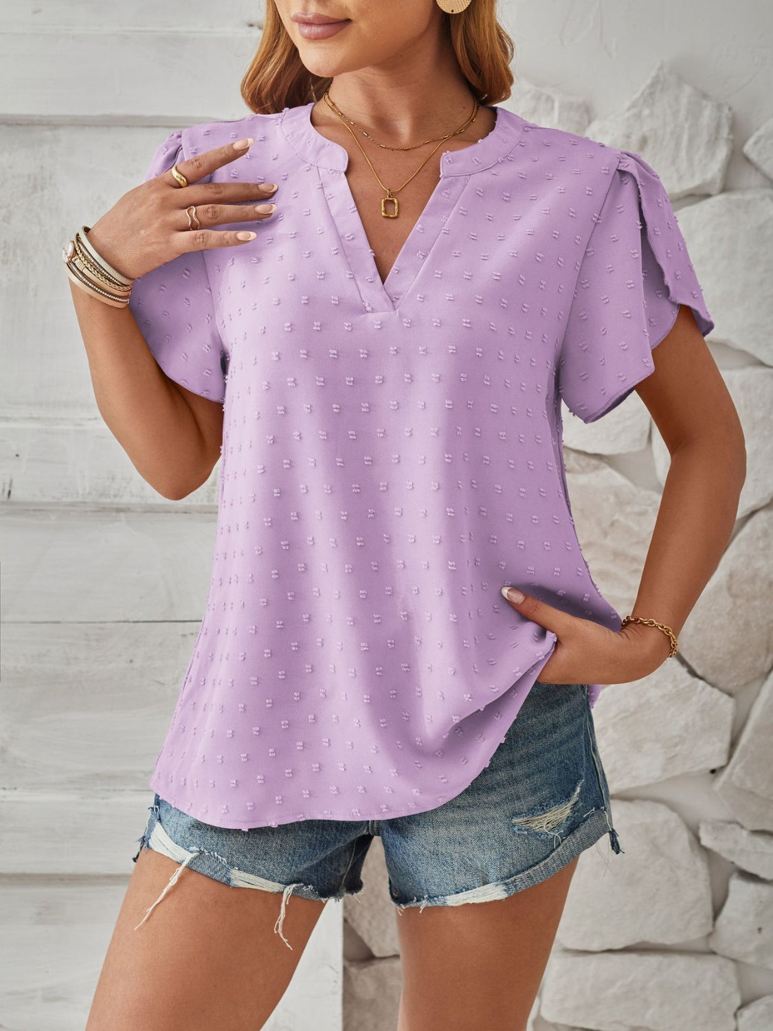 Swiss Dot Notched Petal Sleeve T-Shirt - Flyclothing LLC