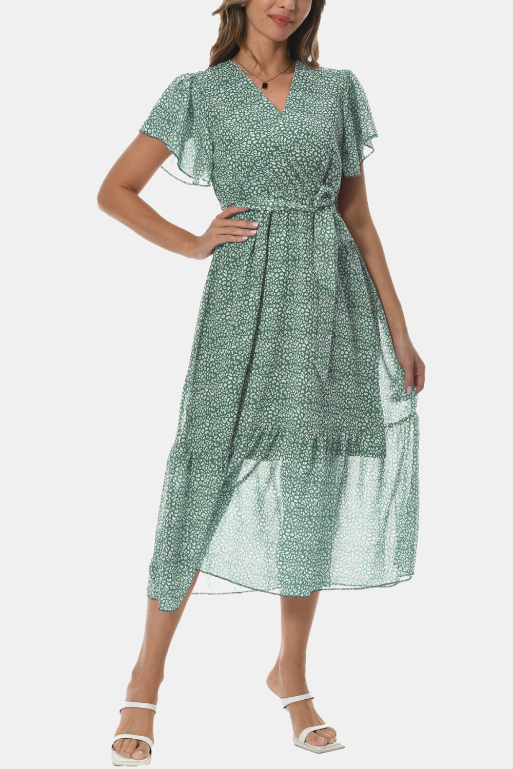 Surplice Neck Flutter Sleeve Tied Dress - Flyclothing LLC