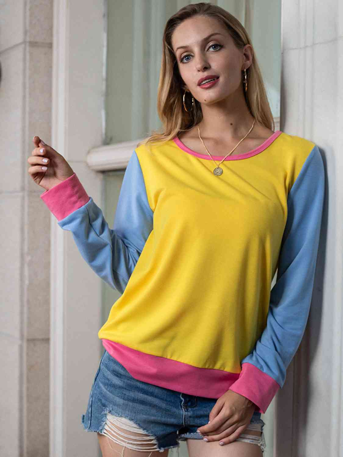 Contrast Round Neck Long Sleeve Top - Flyclothing LLC