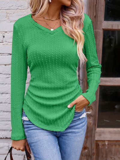 Textured Ruched V-Neck Long Sleeve T-Shirt - Flyclothing LLC