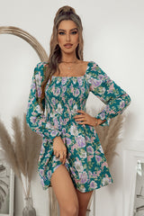 Floral Flounce Sleeve Smocked Square Neck Dress - Flyclothing LLC