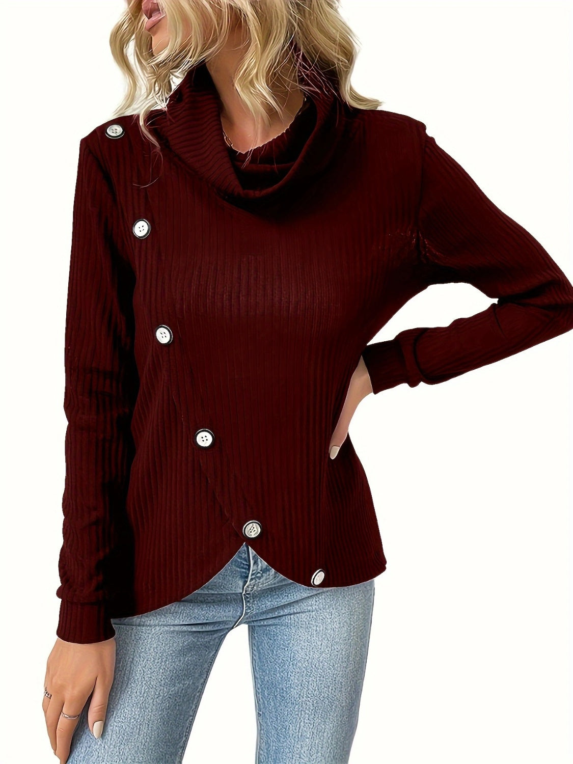 Decorative Button Turtleneck Long Sleeve T-Shirt - Flyclothing LLC