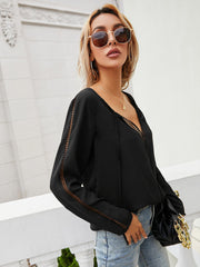 Tie Neck Long Sleeve Semi-Sheer Blouse - Flyclothing LLC