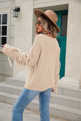 Ribbed Round Neck Fringe Detail Sweater - Flyclothing LLC