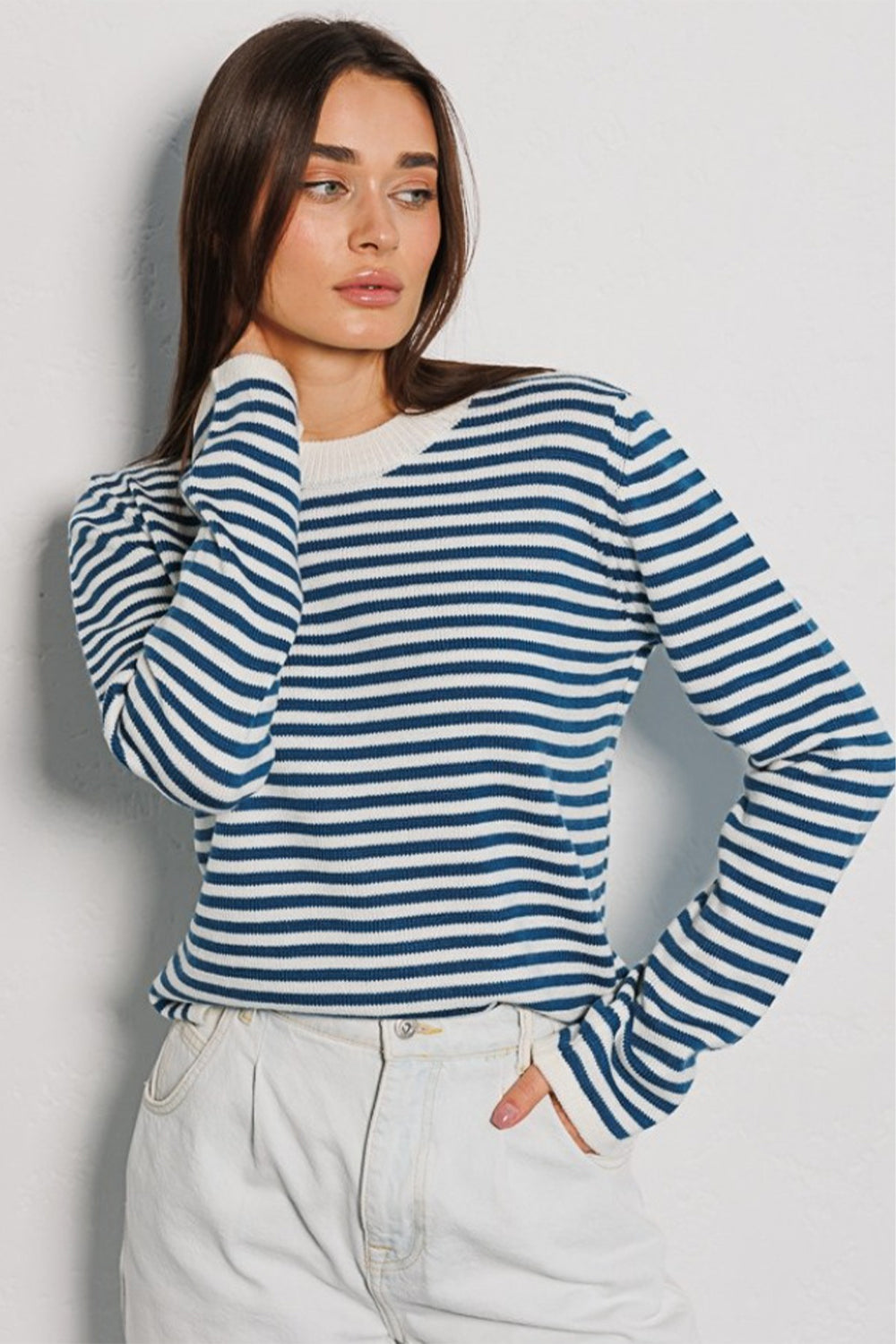 Trendsi Striped Round Neck Long Sleeve Top Charcoal / XL