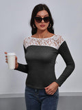 Lace Trim Long Sleeve Round Neck Tee - Trendsi