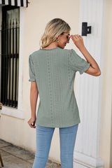 Eyelet Flounce Sleeve Scalloped V-Neck Top - Flyclothing LLC