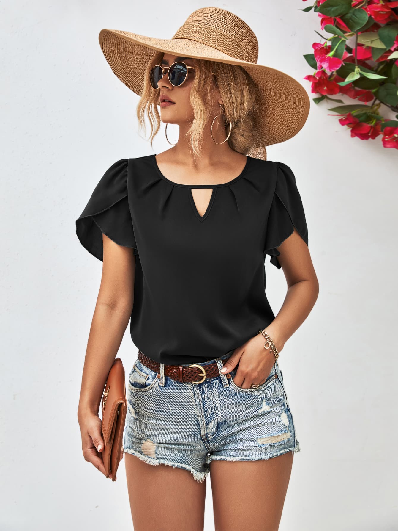 Cutout Round Neck Petal Sleeve Blouse - Flyclothing LLC