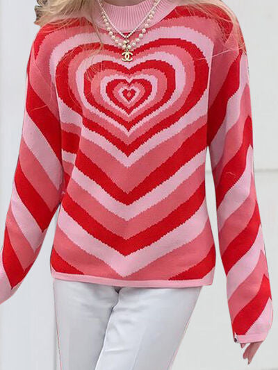 Heart Mock Neck Long Sleeve Sweater - Flyclothing LLC