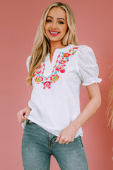 Embroidered Notched Neck Flounce Sleeve Top - Flyclothing LLC