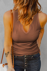 Notched Neck Ribbed Tank Top - Flyclothing LLC