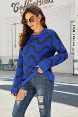 Wave Stripe Ribbed Trim Tunic Sweater - Flyclothing LLC