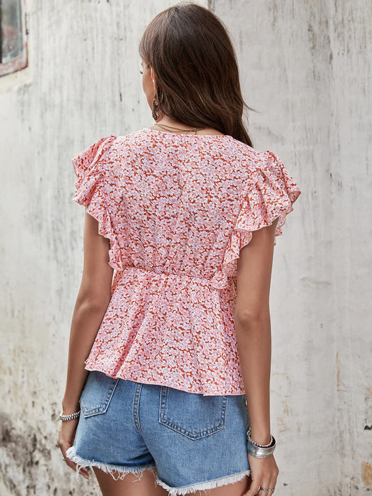 Floral Butterfly Sleeve V-Neck Peplum Blouse - Flyclothing LLC