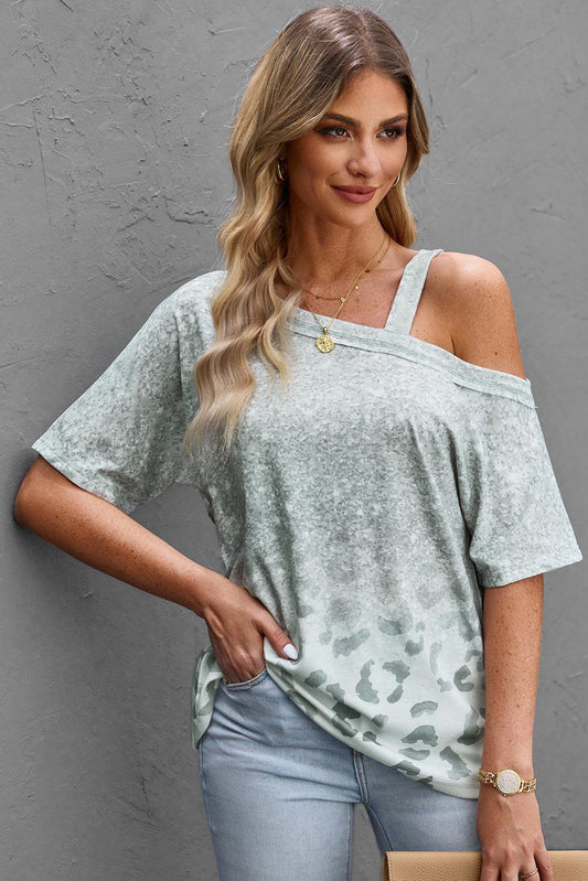 Leopard Asymmetrical Neck Cold-Shoulder Blouse - Flyclothing LLC