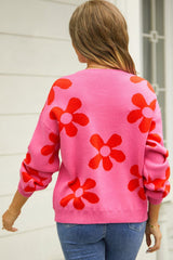 Floral Print Round Neck Dropped Shoulder Pullover Sweater - Flyclothing LLC