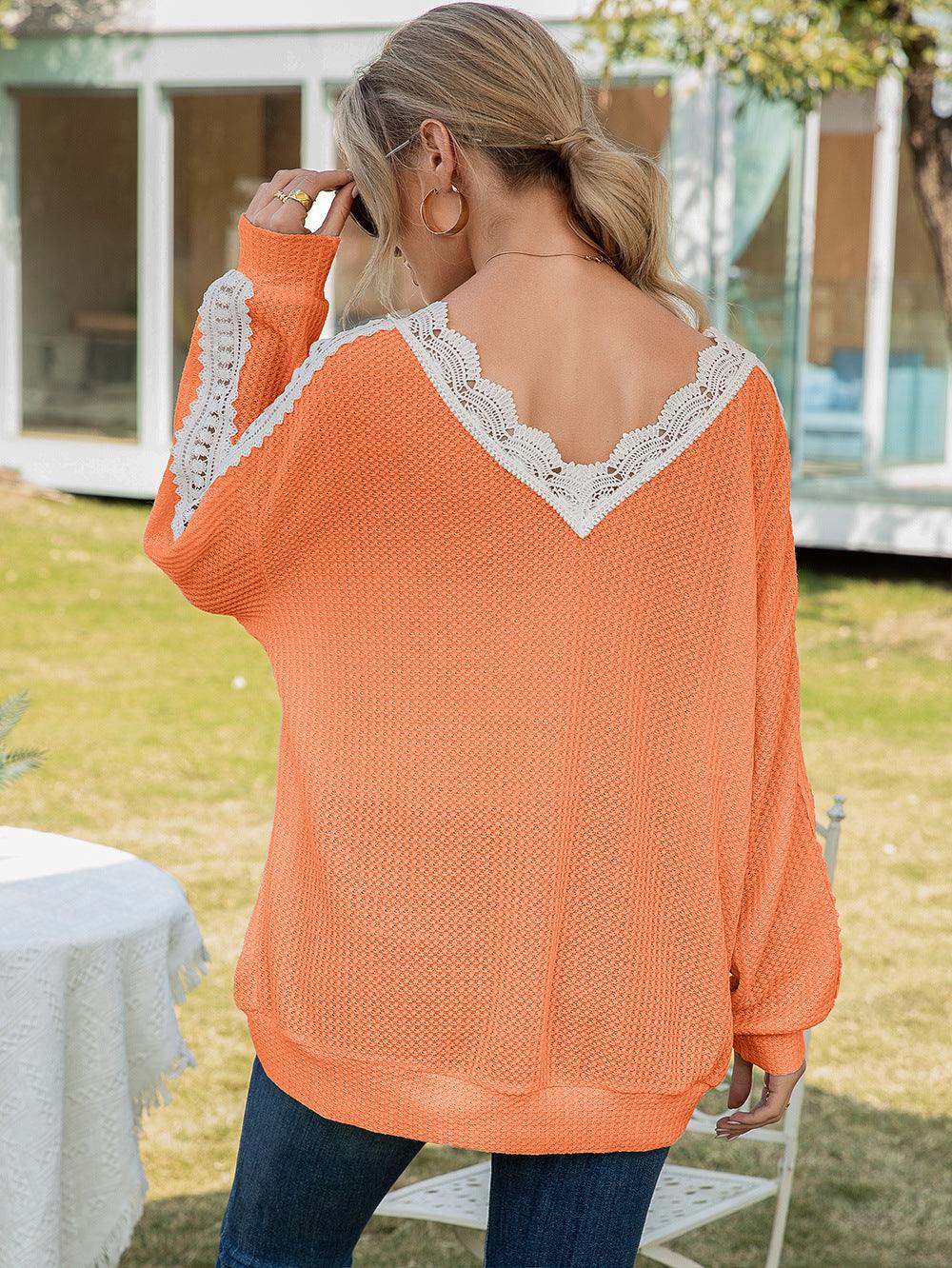 Contrast Spliced Lace V-Neck Top - Flyclothing LLC