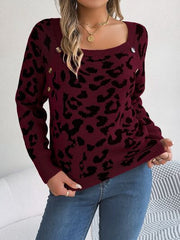 Leopard Buttoned Square Neck Sweater - Flyclothing LLC