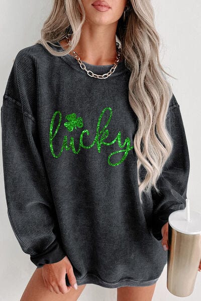 LUCKY Round Neck Dropped Shoulder Sweatshirt - Trendsi