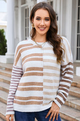 Striped Round Neck Dropped Shoulder Sweater - Flyclothing LLC