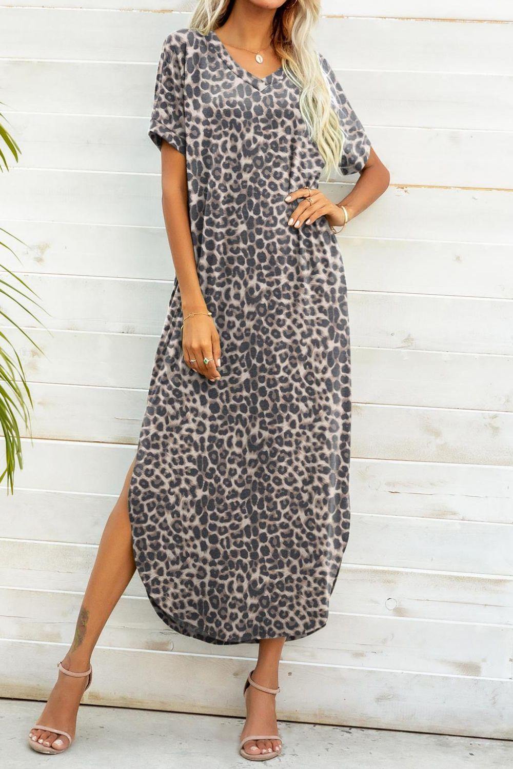 Printed V-Neck Curved Hem Dress - Flyclothing LLC