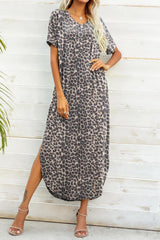 Printed V-Neck Curved Hem Dress - Flyclothing LLC