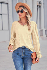 Lace Trim V-Neck Flounce Sleeve Top - Trendsi