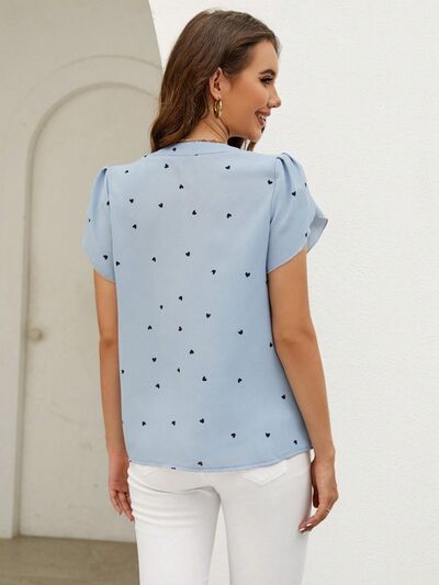 Heart Print Notched Petal Sleeve Blouse - Flyclothing LLC