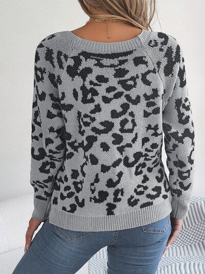 Leopard Buttoned Square Neck Sweater - Flyclothing LLC