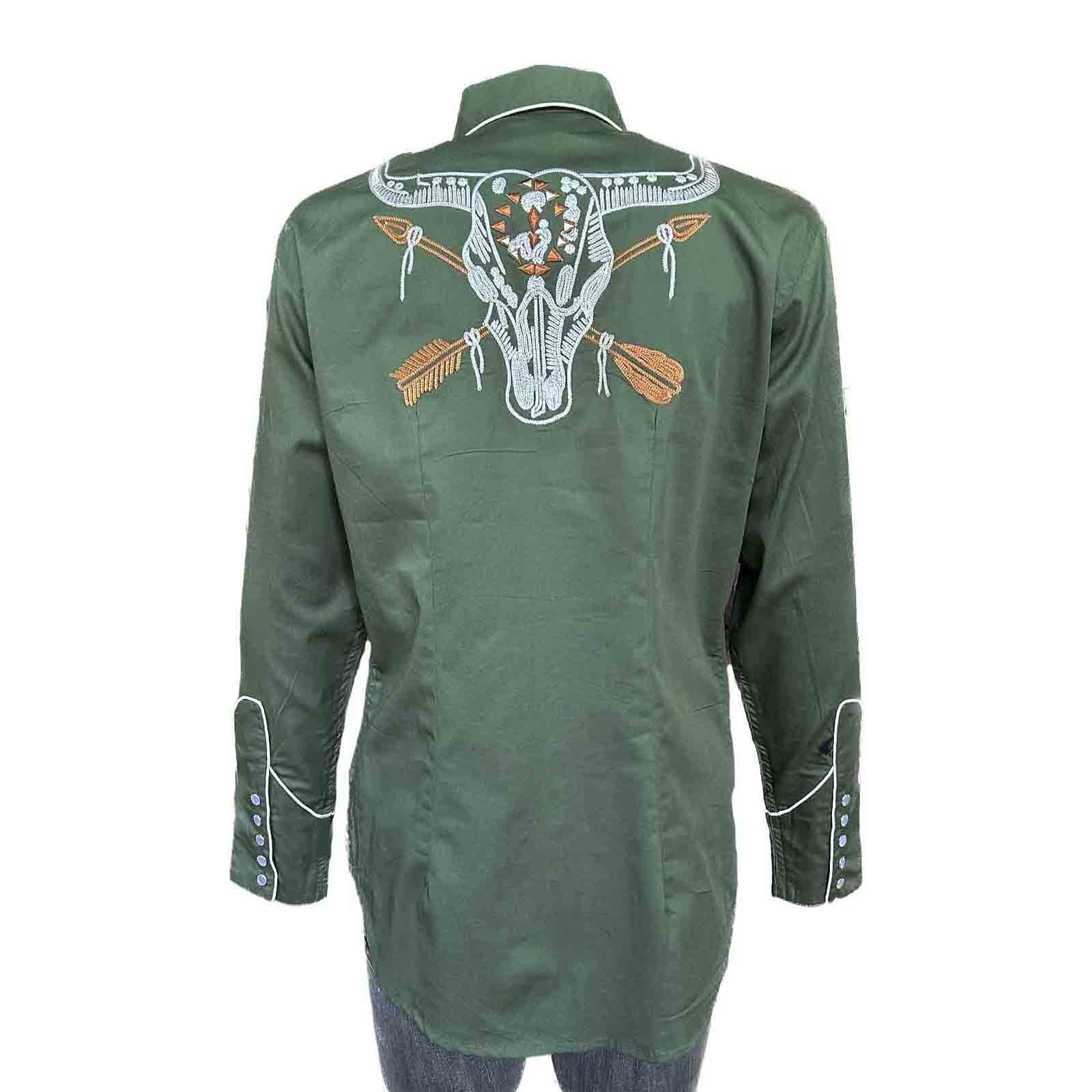 Rockmount Clothing Women’s Vintage Green Steer Skull & Arrow Chain Stitch Embroidery Western Shirt