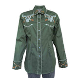 Rockmount Clothing Women’s Vintage Green Steer Skull & Arrow Chain Stitch Embroidery Western Shirt - Rockmount Clothing