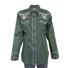 Rockmount Clothing Women’s Vintage Green Steer Skull & Arrow Chain Stitch Embroidery Western Shirt