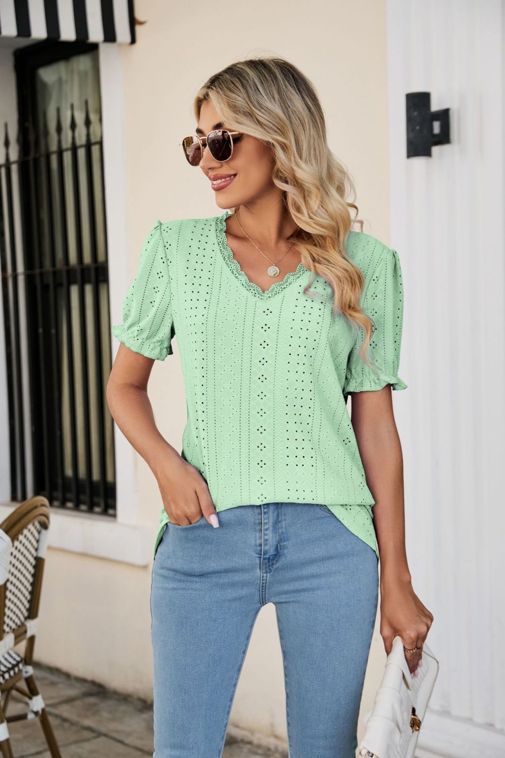 Eyelet Flounce Sleeve Scalloped V-Neck Top - Flyclothing LLC