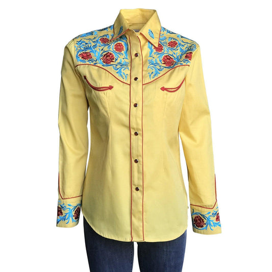 Rockmount Ranch Wear Womens Gold Vintage Shirt with Red & Blue Embroidery - Rockmount Clothing