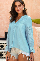 Crochet Flounce Sleeve Button Up Blouse - Flyclothing LLC