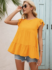 Round Neck Flutter Sleeve Tiered Blouse - Flyclothing LLC