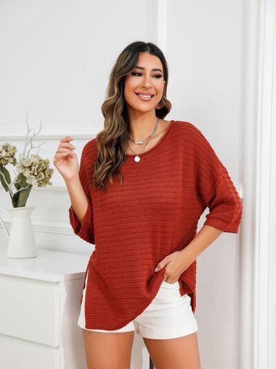 Rolled Round Neck Dropped Shoulder Slit Sweater - Flyclothing LLC