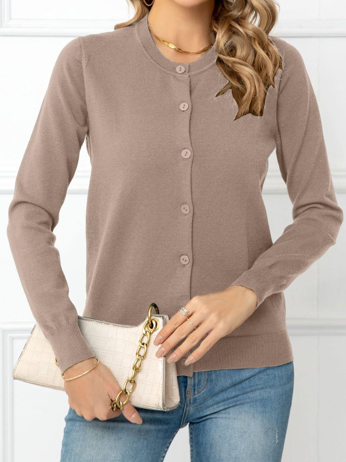 Button Down Round Neck Cardigan - Flyclothing LLC