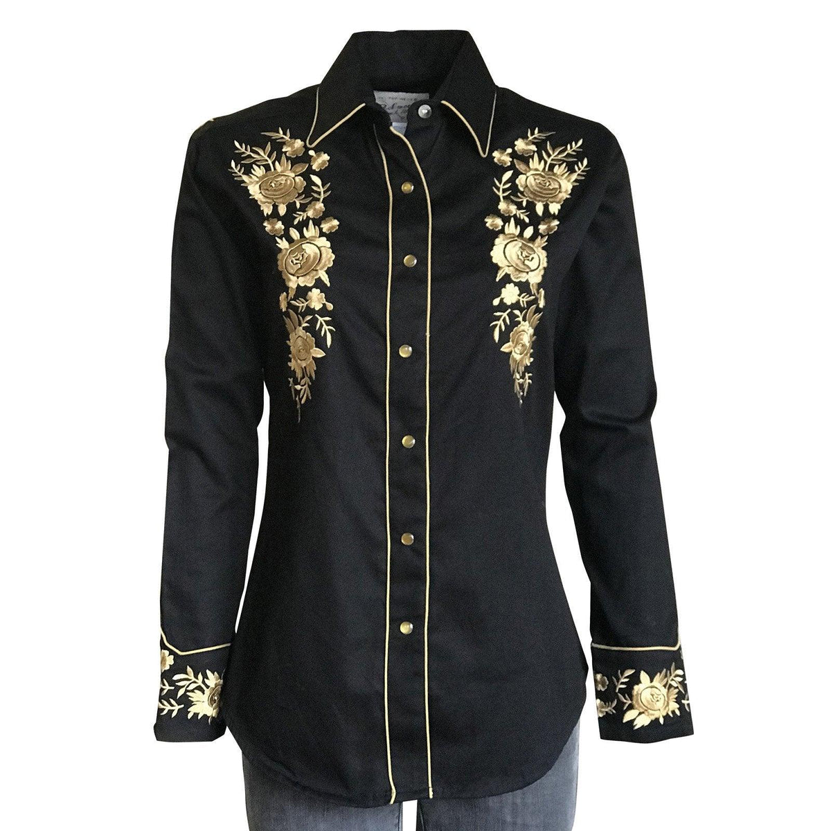 Rockmount Ranch Wear Womens Black Vintage Western Shirt with Gold Embroidery