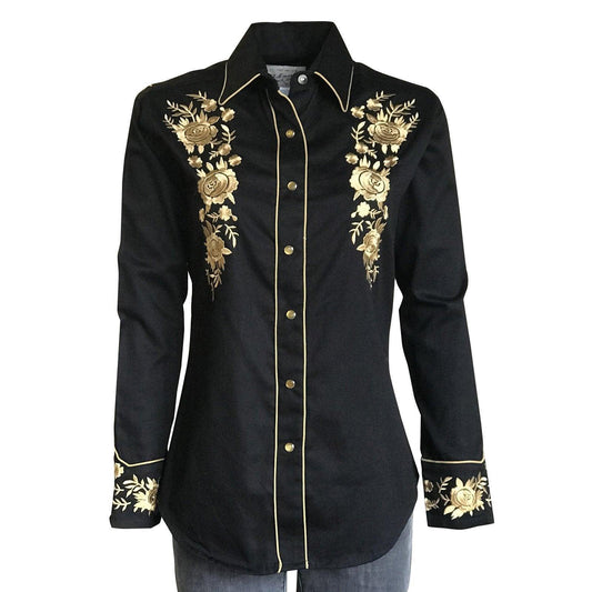 Rockmount Ranch Wear Womens Black Vintage Western Shirt with Gold Embroidery - Rockmount Clothing