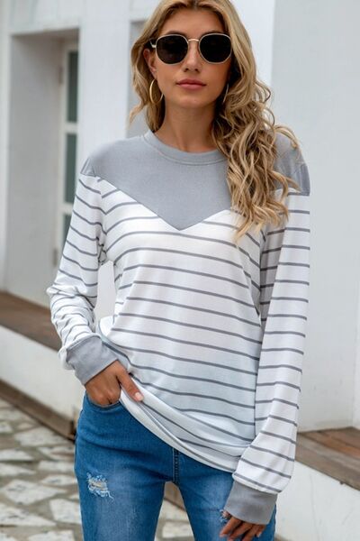 Striped Round Neck Long Sleeve T-Shirt - Flyclothing LLC