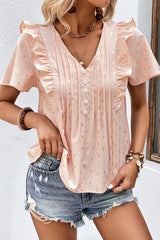 Printed Ruffle Trim Pleated Detail Blouse - Flyclothing LLC