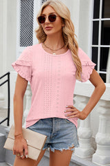 Eyelet Round Neck Petal Sleeve T-Shirt - Flyclothing LLC