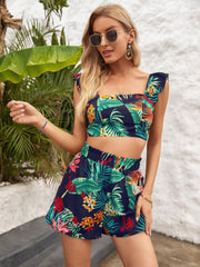 Printed Square Neck Top and Shorts Set - Flyclothing LLC