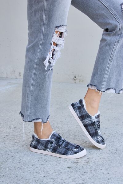 Forever Link Plaid Plush Flat Sneakers - Flyclothing LLC