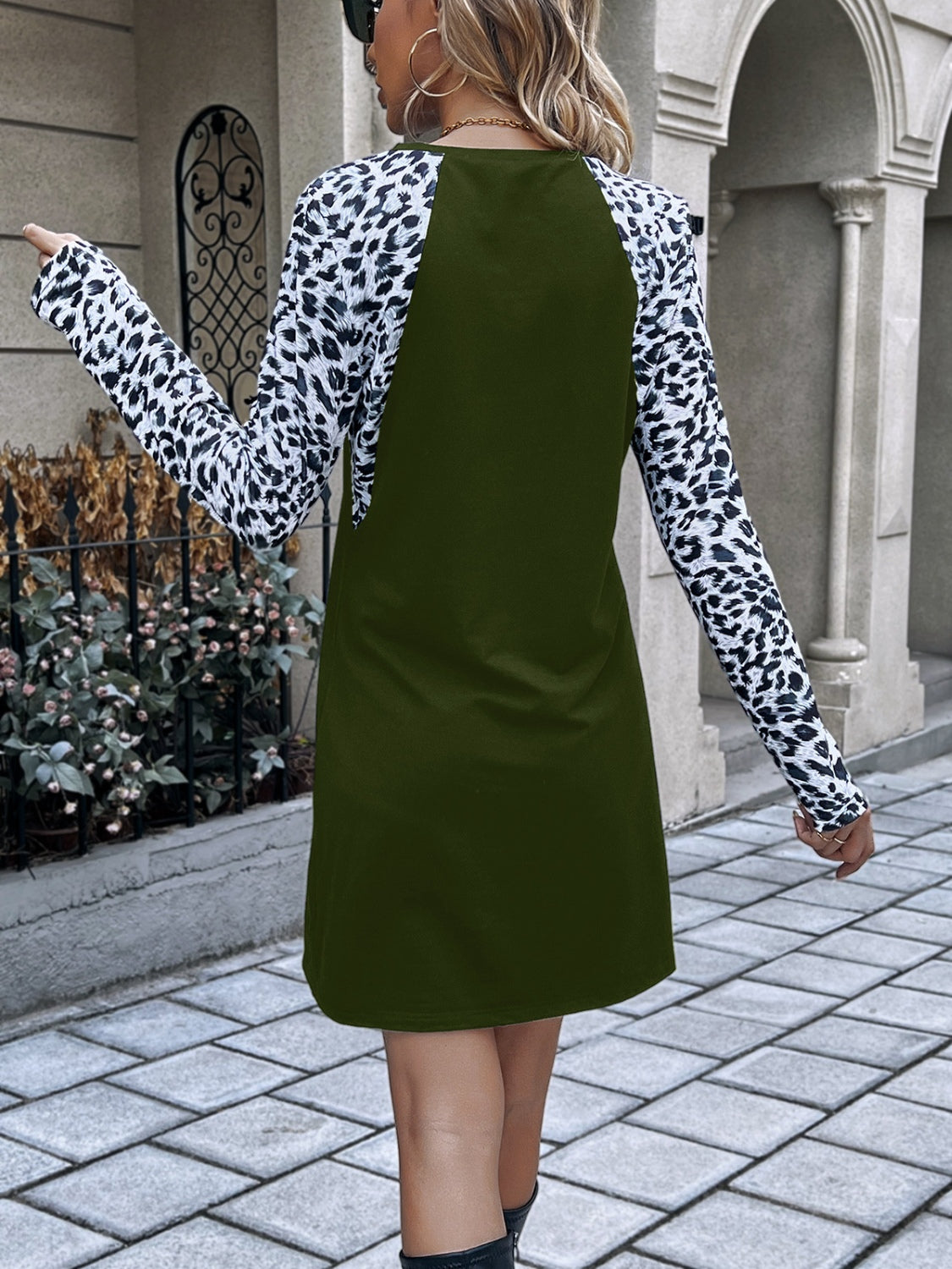 Leopard Round Neck Long Sleeve Dress - Flyclothing LLC