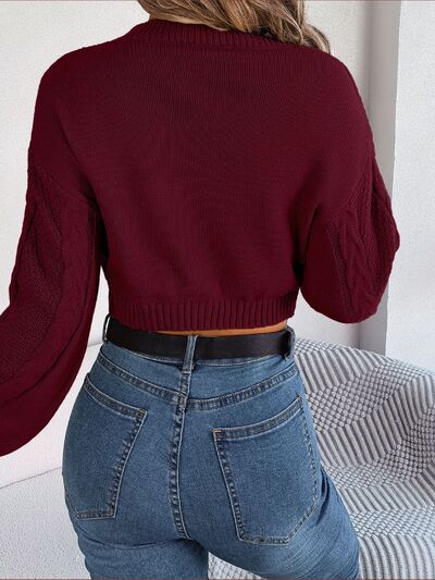 Cable-Knit Round Neck Cropped Sweater - Flyclothing LLC