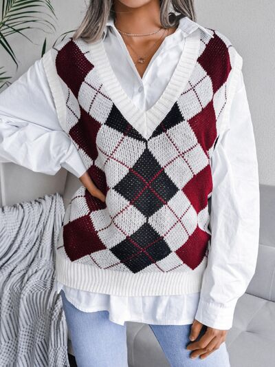 Plaid V-Neck Sweater Vest - Flyclothing LLC